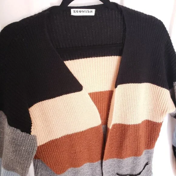 Ecowish Multicolor Colorblock Striped Long Knitted Cardigan Sweater Size L - Picture 6 of 14